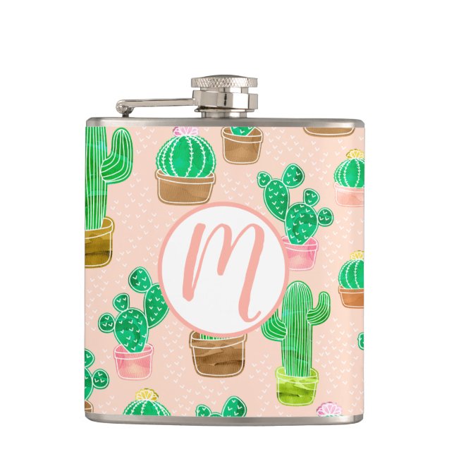 Hand Drawn Potted Cactus Pattern Hip Flask (Front)