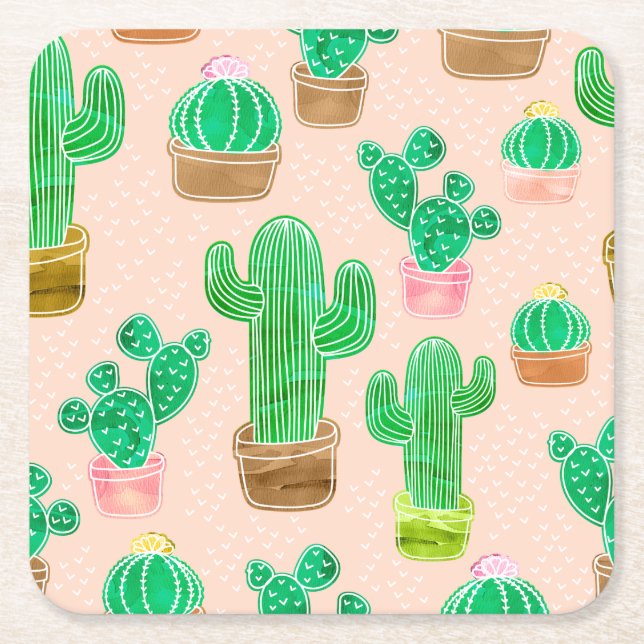 Hand Drawn Potted Cactus Pattern Square Paper Coaster (Front)