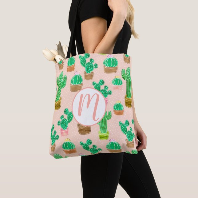 Hand Drawn Potted Cactus Pattern Tote Bag (Close Up)
