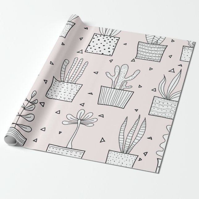 Hand-Drawn Potted Plants Pattern Wrapping Paper (Unrolled)