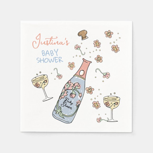 Hand Drawn Presecco and Petals Baby Shower Napkin (Front)