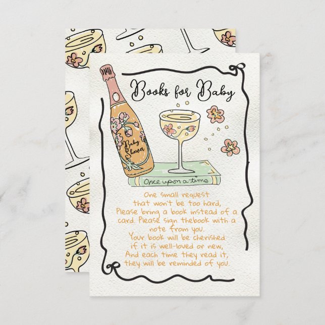Hand Drawn Presecco & Petals Books for Baby Shower Invitation (Front/Back)