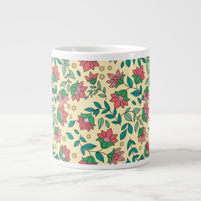 Hand Drawn Pressed Flowers Leaves Pattern  Large Coffee Mug (Front)
