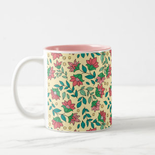 Hand Drawn Pressed Flowers Leaves Pattern Two-Tone Coffee Mug