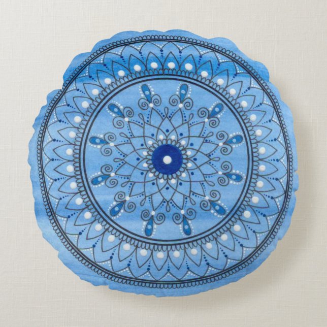 Hand Drawn Pretty Blue And White Mandala Flower Round Cushion (Front)