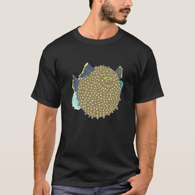 Hand Drawn Puffer Fish Deep Ocean Creatures and Ri T-Shirt (Front)
