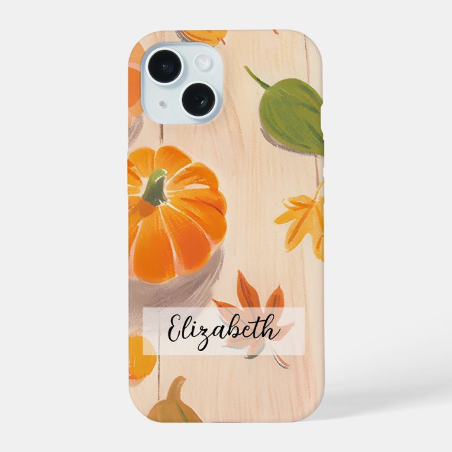 Hand Drawn Pumpkin and Fall Leaves Autumn Harvest iPhone 15 Case (Back)