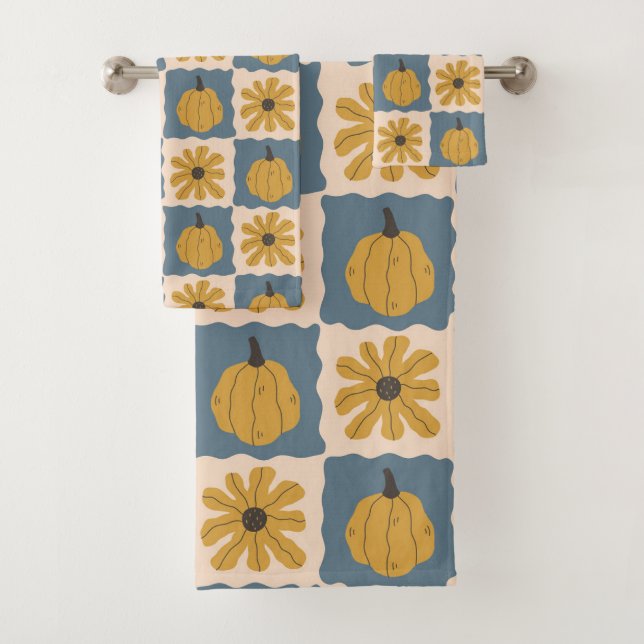 Hand Drawn Pumpkin Check Print Bath Towel Set (Insitu)