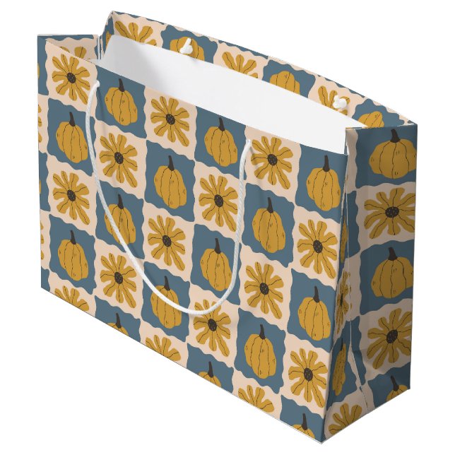 Hand Drawn Pumpkin Check Print Large Gift Bag (Back Angled)