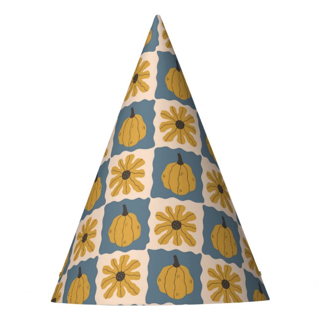 Hand Drawn Pumpkin Check Print Party Hat (Front)