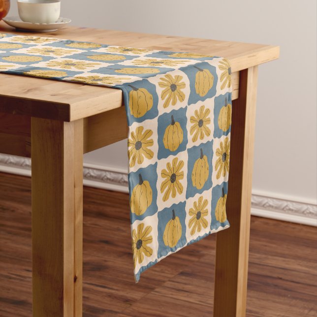 Hand Drawn Pumpkin Check Print Table Runner (In Situ)