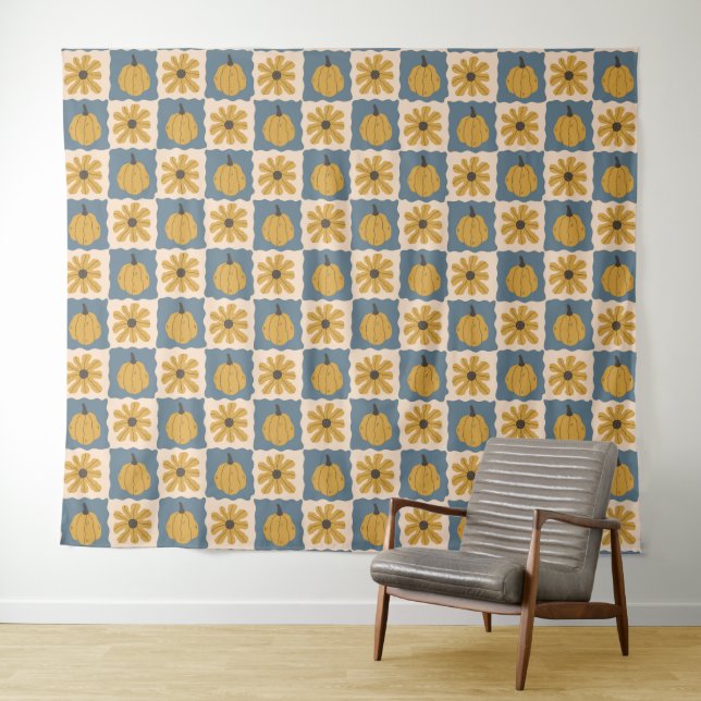 Hand Drawn Pumpkin Check Print Tapestry (In Situ (Horizontal))