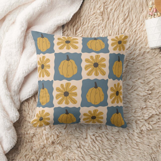 Hand Drawn Pumpkin Check Print Throw Pillow (Blanket)