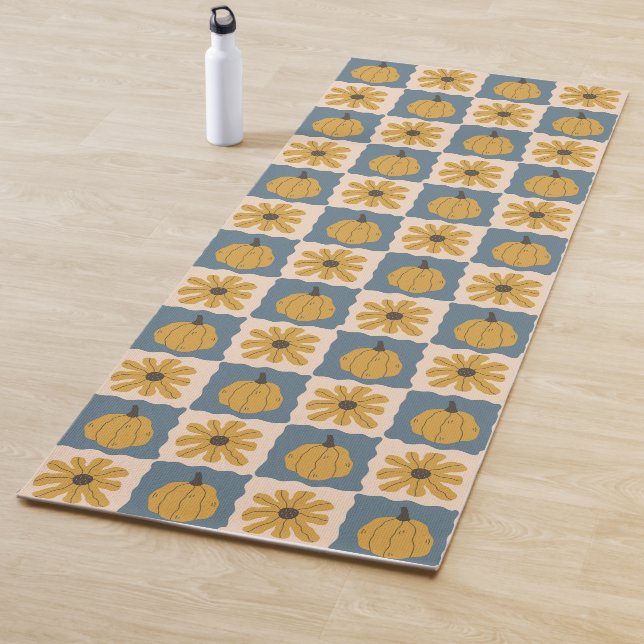 Hand Drawn Pumpkin Check Print Yoga Mat (In Situ)