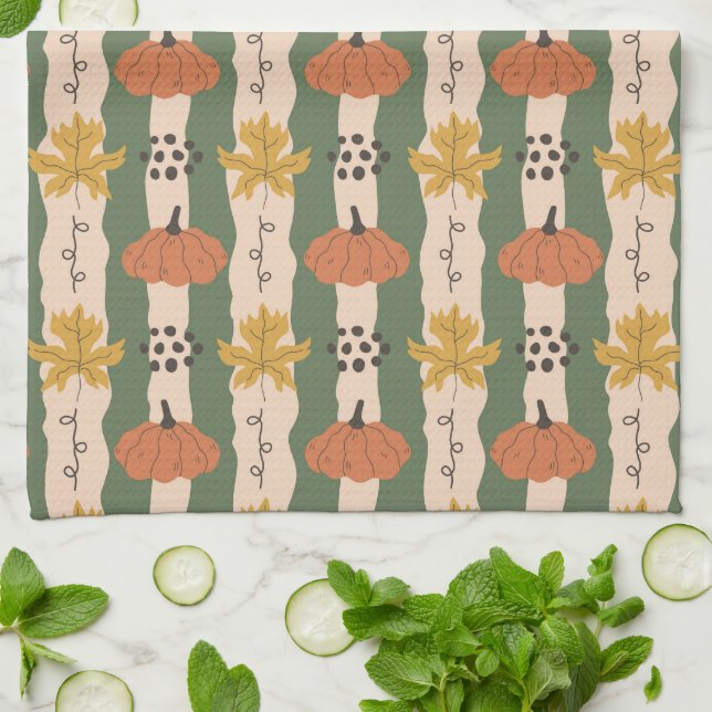 Hand Drawn Pumpkin & Leaf Pattern Kitchen Towel (Folded)