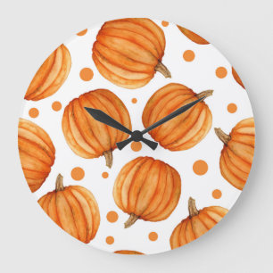 Hand-drawn pumpkins: watercolor Halloween pattern. Large Clock