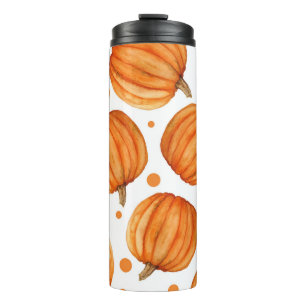 Hand-drawn pumpkins: watercolor Halloween pattern. Thermal Tumbler