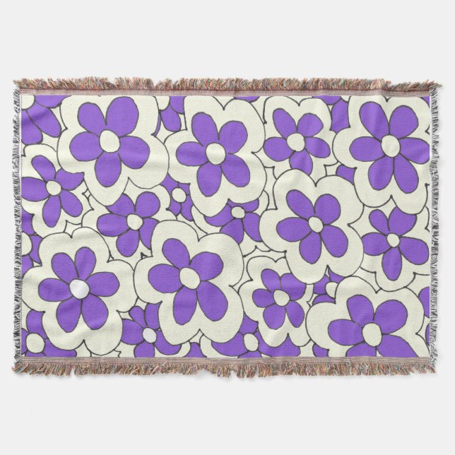 Hand Drawn Purple and Cream Flower Design Throw Blanket (Front)