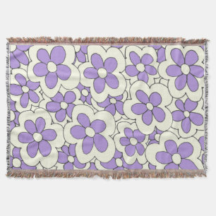 Hand Drawn Purple and Cream Flower Design Throw Blanket