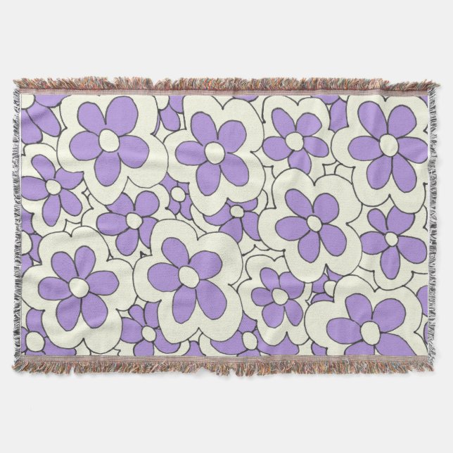 Hand Drawn Purple and Cream Flower Design Throw Blanket (Front)