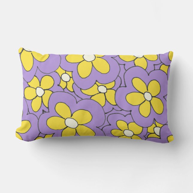 Hand Drawn Purple and Yellow Flower Design Lumbar Cushion (Front)