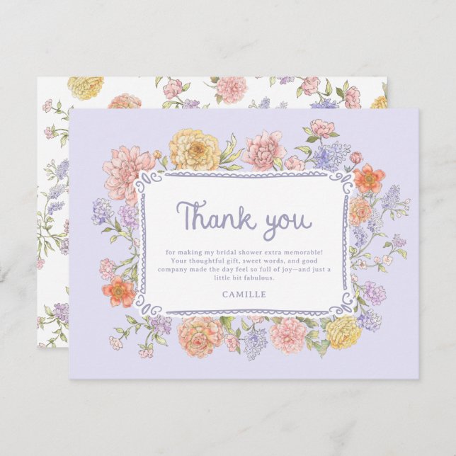 Hand Drawn Purple Floral Bridal Shower  Thank You Card (Front/Back)