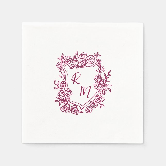 Hand Drawn Purple Floral Crest Monogram Wedding Napkin (Front)
