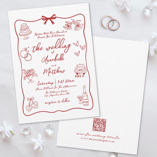 Hand Drawn QR Code Red Whimsical Wedding Invitation (Hand Drawn QR Code Red Whimsical Wedding Invitation)