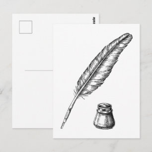 Hand drawn quill pen with an inkwell postcard