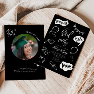 Hand Drawn Quirky Black Graduation Party Invitation