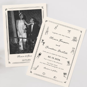 Hand Drawn Quirky Black & White Old Money Wedding Invitation