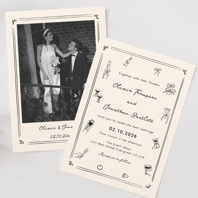 Hand Drawn Quirky Black & White Old Money Wedding Invitation (Creator Uploaded)