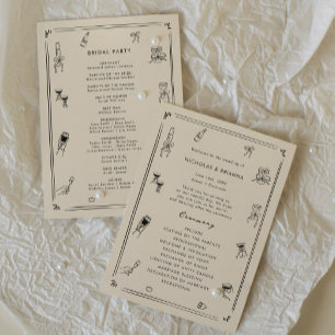 Hand Drawn Quirky Black & White Old Money Wedding Program