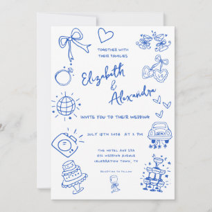 Hand Drawn Quirky French Blue Wedding Invitation