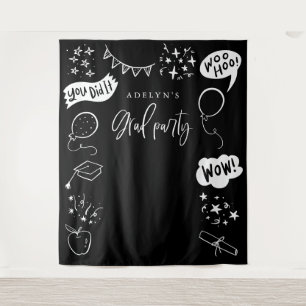Hand Drawn Quirky Grad Icons Black Backdrops Tapestry