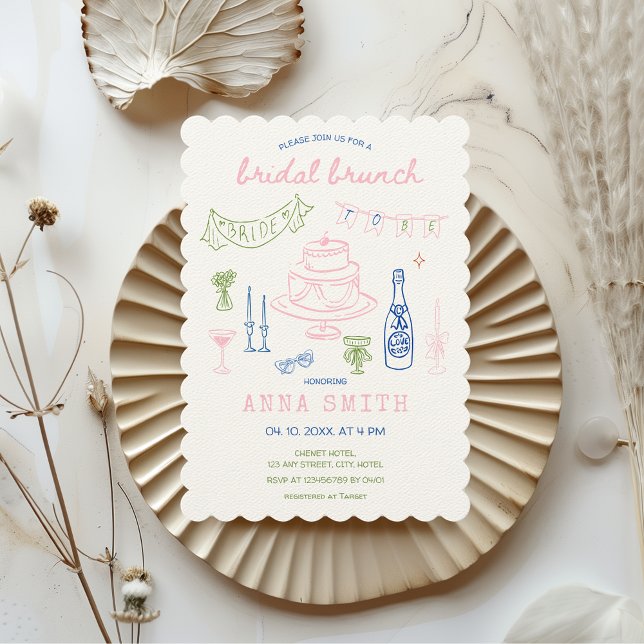 Hand Drawn Quirky Pink Green Blue Bridal Brunch Invitation (Hand Drawn Hand Illustrated Bridal Brunch Effortless Aesthetic Pink Blue Green Quirky Unique Whimsy)