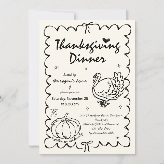 Hand Drawn Quirky Pumpkin Turkey Thanksgiving Invitation (Front)
