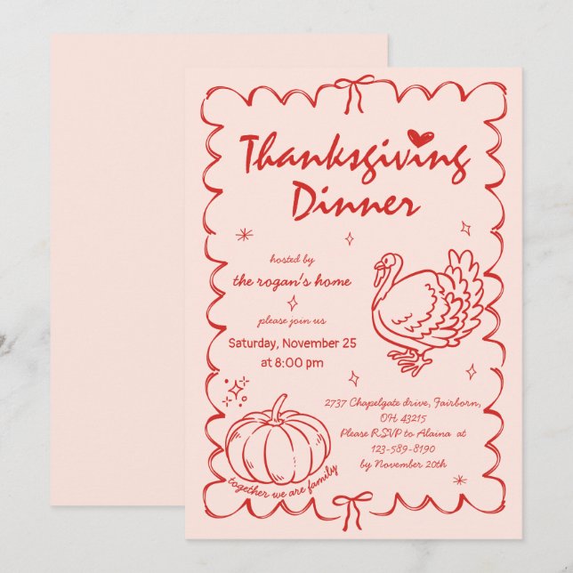 Hand Drawn Quirky Pumpkin Turkey Thanksgiving Invitation (Front/Back)