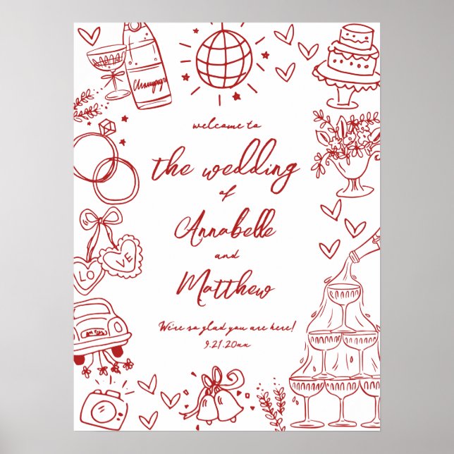 Hand Drawn Quirky Red Wedding Welcome Sign (Front)