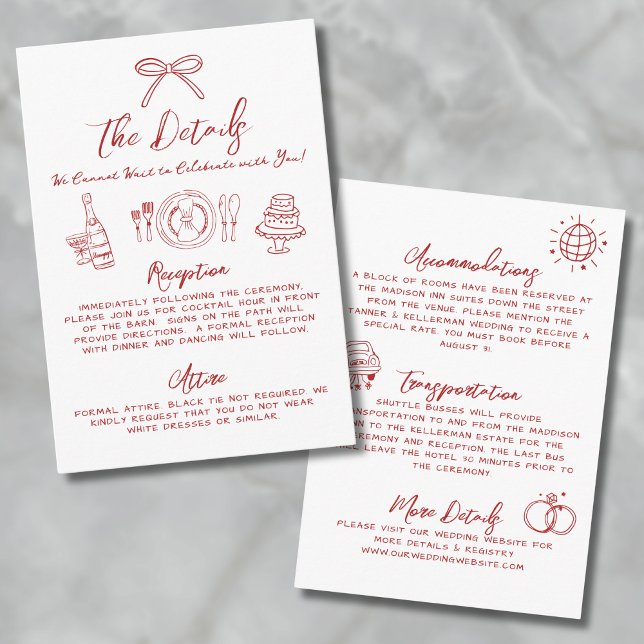 Hand Drawn Quirky Red Whimsical Wedding Details Enclosure Card (Hand Drawn Quirky Red Whimsical Wedding Details Enclosure Card)
