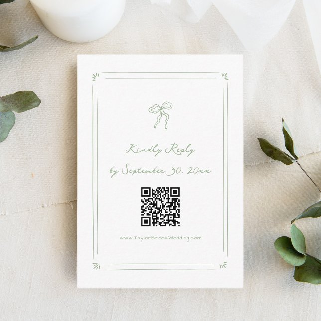 Hand Drawn Quirky Sage Green Wedding RSVP Qr Code Enclosure Card (Creator Uploaded)