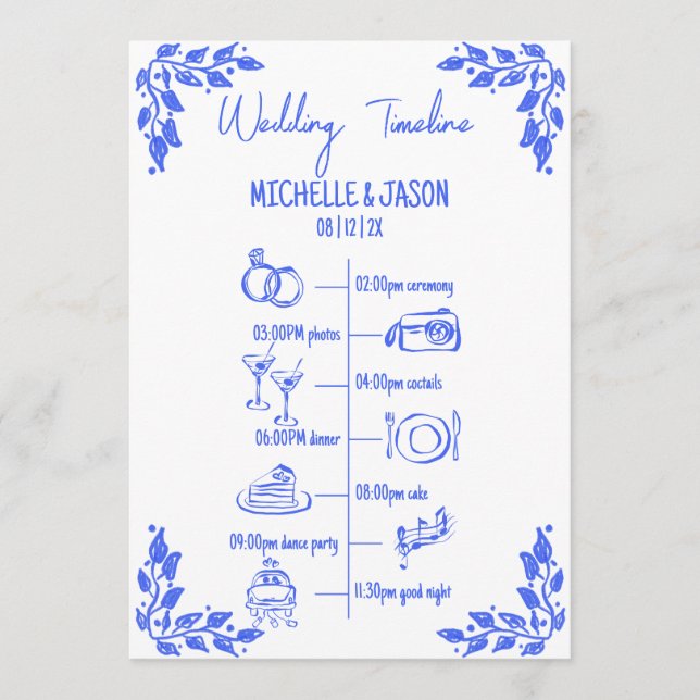 Hand Drawn Quirky Wedding Itinerary Schedule Program (Front)