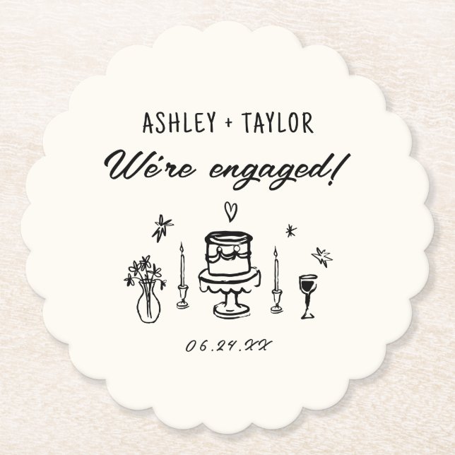 Hand Drawn Quirky We're Engaged Engagement Party Paper Coaster (Front)