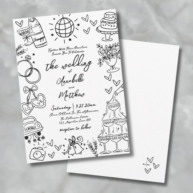 Hand Drawn Quirky Whimsical Wedding Invitation (Hand Drawn Quirky Whimsical Wedding Invitation)