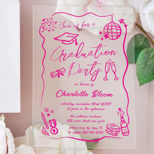 Hand Drawn Quirky Whimsy Doodles Graduation Party Acrylic Invitations