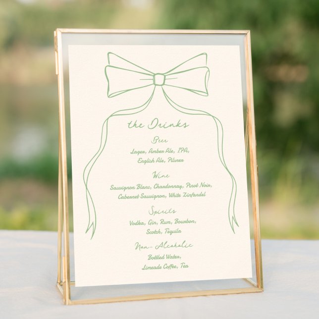 Hand Drawn Quriky Bow Green Wedding Bar Drink Menu Poster (Creator Uploaded)