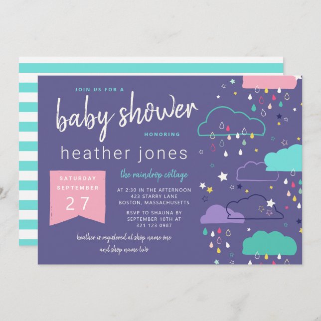 Hand-drawn Rain Clouds Stars Pink Baby Shower Invitation (Front/Back)
