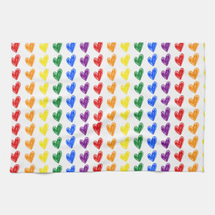 Hand Drawn Rainbow Heart Pattern Tea Towel