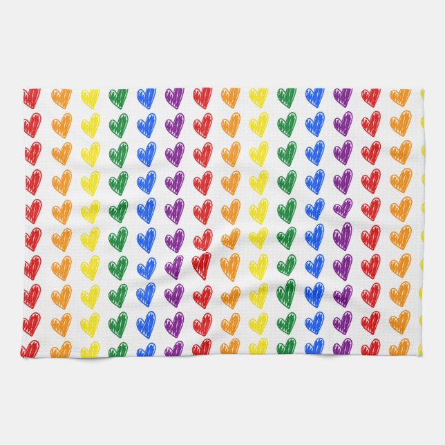 Hand Drawn Rainbow Heart Pattern Tea Towel (Horizontal)