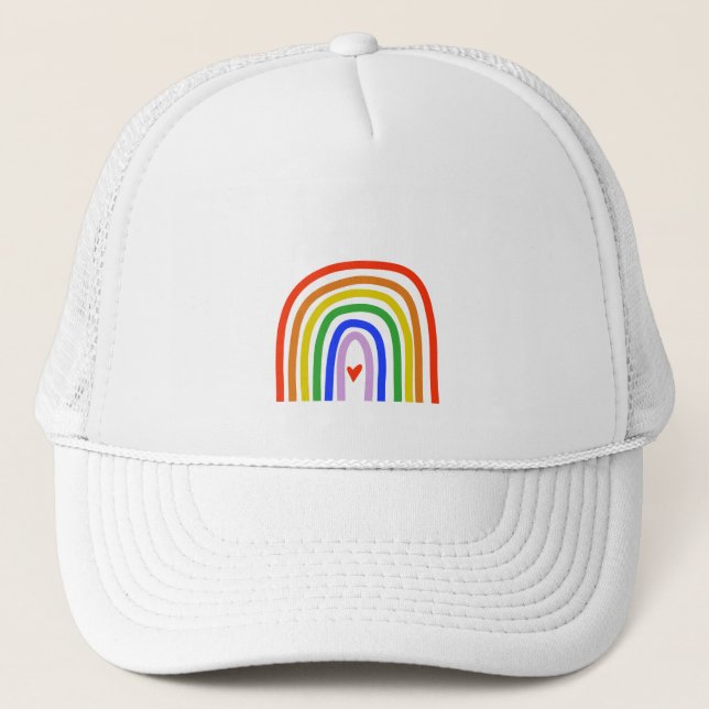 Hand drawn Rainbow Primary Colours White Heart Trucker Hat (Front)